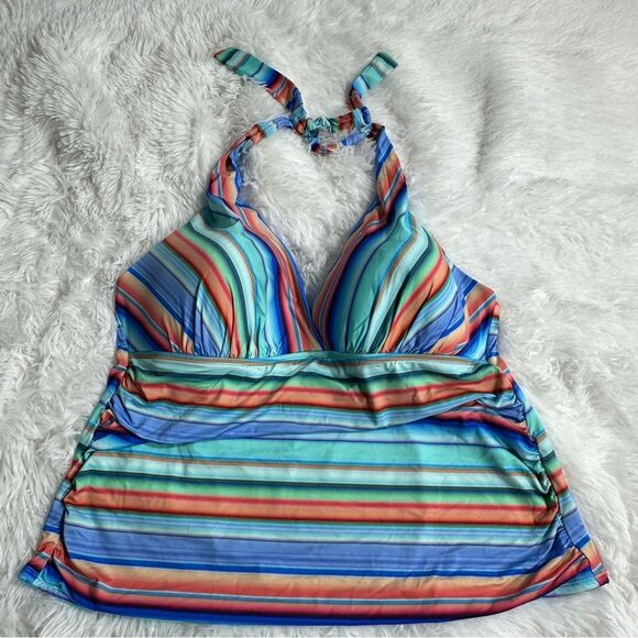La Blanca Swimwear Sz 22W V-Neck Sunset Striped Multicolor Halter Tankini Top - Picture 6 of 13